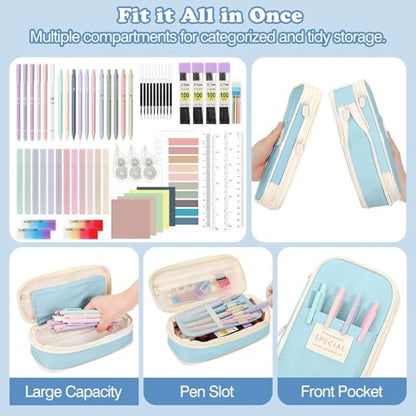 MoKo Pencil Case with Supplies, 60Pcs Aesthetic School Set, Blue | Includes highlighters, gel and ballpoint pens, mechanical pencils, refills, sticky notes, correction tapes and rulers. - color: Blue-60P