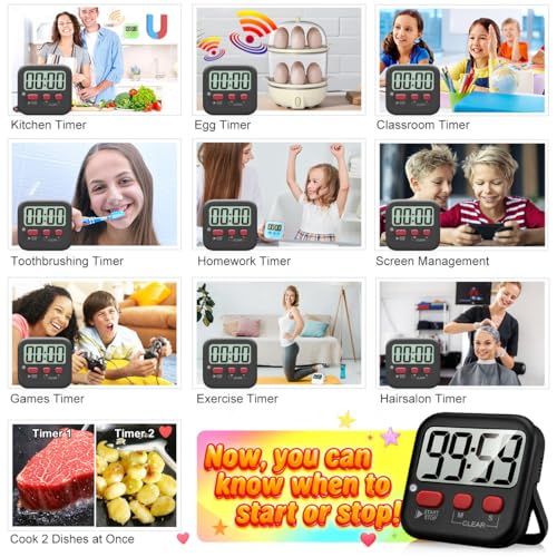 Antonki 2 Pack Digital Timer for Kids Classroom Kitchen Timers for Cooking | w/ Battery, Easy to View, Alarm, Mute Mode, Count Down/Up, Magnetic, Kickstand, Hanging, Classroom Timer for Teacher Supplies - color: New Black