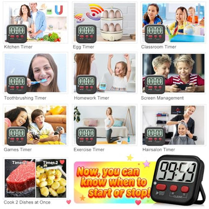 Antonki 2 Pack Digital Timer for Kids Classroom Kitchen Timers for Cooking | w/ Battery, Easy to View, Alarm, Mute Mode, Count Down/Up, Magnetic, Kickstand, Hanging, Classroom Timer for Teacher Supplies - color: New Black