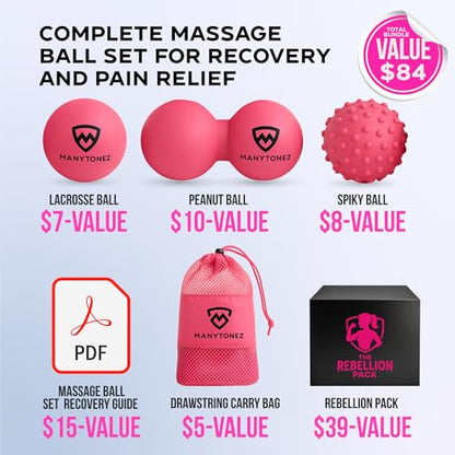 Hard Massage Ball Set - Lacrosse, Peanut, Spiky Ball (Medium Firm) with Carry Bag & eBook Guides - for Trigger Point, Muscle Physical Therapy, Myofascial Release, Deep Tissue Pressure