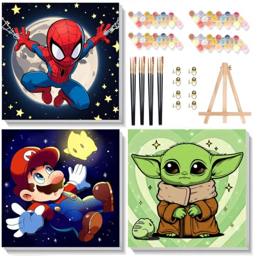 3 Pack Cartoon Paint by Numbers Kit for Kids with Frame Wooden Easel | Cute Kids Paint by Numbers Ages 4 8 12, DIY Acrylic Oil Painting for Home Wall Decor (8x8 inch) - color: BKH1460-BKH1463
