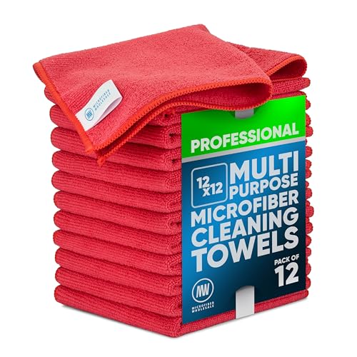 MW PRO Microfiber Cleaning Cloths Red (12 Pack, 12x12) - Commercial Janitorial Towels & Lint Free Rags - Heavy Duty for Auto Detailing, Glass Windows, Housekeeping & Screens - Washable 300+ Times - color: Red, size: 12 Count (Pack of 1)