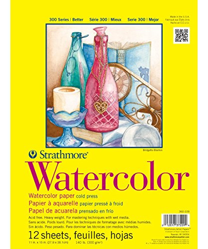 Strathmore 300 Series Tape Bound Watercolor Pad, 140 lb. Cold Press, 11 X 15 inches, White, 12 Sheets (360-111) - size: 11x15, style: Tape Binding