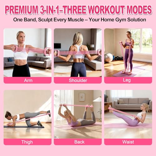 Foot Pedal Resistance Bands with Handles, 8-Tube Adjustable Multifunction Elastic Yoga Exercise Bands, Home Gym Fitness Equipment for Women & Men to Tone Abs, Core, Leg, Arm, Waist (Multi-Pink)