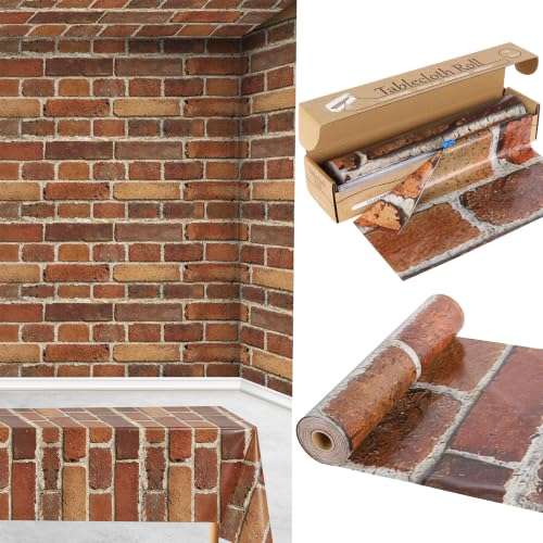 100FT x 54IN Halloween Red Brick Tablecloth Roll with Slide Cutter Box | Heavy Duty Disposable Platic Table Cover Wall Backdrop, Cut-to-size for Christmas Birthday Party Decoration - color: Retro Red, size: 1200" x 54" (Rectangular)