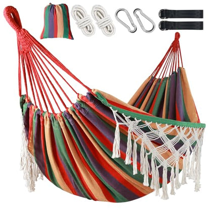 Posprica Brazilian Style Double Hammock with Fringe, 2 Person Patio Hammock for Backyard & Indoor Relaxation, Soft Breathable Fabric, Easy Setup with Straps & Carry Bag, 360 lbs Capacity - color: Red Stripe