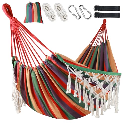 Posprica Brazilian Style Double Hammock with Fringe, 2 Person Patio Hammock for Backyard & Indoor Relaxation, Soft Breathable Fabric, Easy Setup with Straps & Carry Bag, 360 lbs Capacity - color: Red Stripe