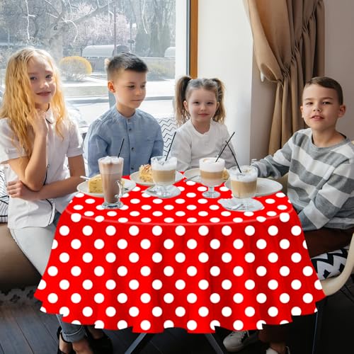 3 Pack Red and White Polka Dots Tablecloth Red Round Table Cover with White Polka Dot Round Plastic Table Cloth 84 in Round for Kitchen Dining Wedding Party