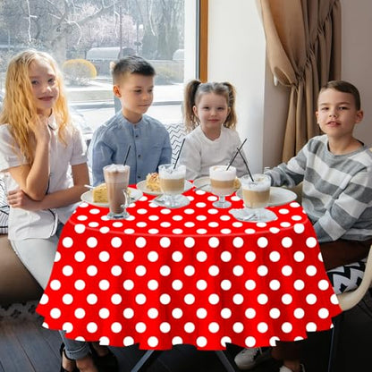 3 Pack Red and White Polka Dots Tablecloth Red Round Table Cover with White Polka Dot Round Plastic Table Cloth 84 in Round for Kitchen Dining Wedding Party