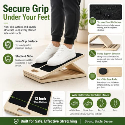 MUCITAGF Portable Wooden Slant Board, 13” Wide Calf Stretch Board, 4 Angles | Adjustable Incline Board, Non-Slip, Ideal for Plantar Fasciitis Relief, Stretching & Squats, Beginner & Rehab Friendly