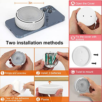 Onumii LED Puck Lights Battery Operated LED Under Cabinet Lighting Wireless Stick on Tap Lights with Remote Controll Color Changing Timer Function for Cabinets, Shelves, Closets - 6Pack White | 3x1.2in, Wireless, Adhesive Stick on, Push Tap for Cabinet, K