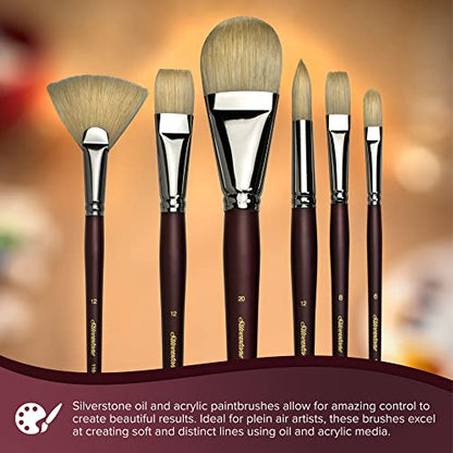 Silver Brush 1104-1 Silverstone Excellent Long Handle Hog Bristle Brush, Fan, Size 1 | Stiff Flagged Hog Bristle, Superb Paint Absorbency, Lightly Textured Strokes, Smoothing, Blending, Lifting, Softening Colors - size: Size 1