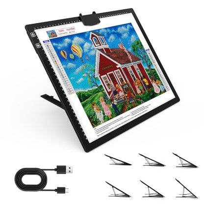 HIUKCOLED Rechargeable A3 Light Pad, Battery Powered Light Board with Foldable Stand, top Clip, 3 Colors/Stepless/6-level Brightness, Wireless LED Tracing Box for Diamond Painting,Drawing,Sketching - style: A3 Stand