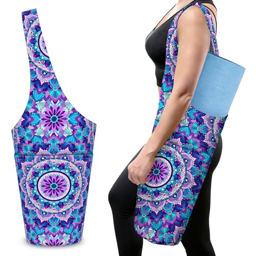 Mandala Yoga Mat Bag with Large Side Pocket and Zipper Pocket Long Tote Yoga Bags Fit Most Size Mats and Holds More Yoga Accessories - color: Purple