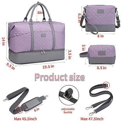 Weekender Bag, Large Travel Duffel Bag for Women, Carry on Overnight Bag with Shoe Compartment and Toiletry Bags - color: A-Purple