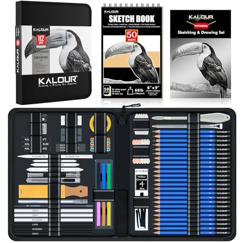 KALOUR PDAS 112 Drawing Set Sketch Kit, Pro Art Supplies with 3-Color Sketchbook, Graphite, Charcoal Pencils, Art Drawing Kit for Artists Adults Teens Beginners, Ideal for Shading & Blending