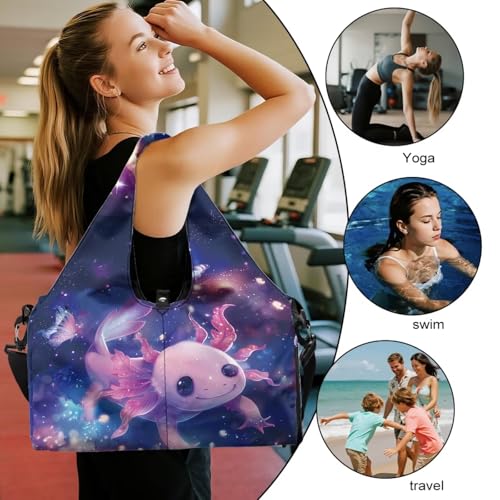 Gym Bag with Yoga Mat Holder Large Tote Bag With Multi Pockets for Women Men Dry Wet Separated Pocket Carryall Yoga Tote Bag for Pilates Travel Workout Office - color: Galaxy Axolotl