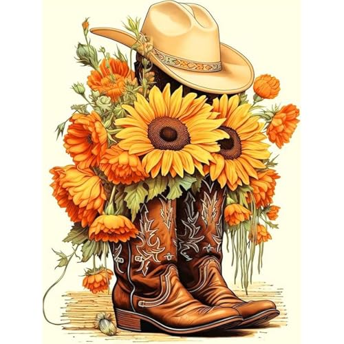 Diamond Art Kits for Adults & Beginners, Cowboy Boot Diamond Painting Kit | 5D Full Drill Gem Art with Sunflower and Cowboy Hat, Round Diamond Dots, Home Wall Decor & Gift, 12 x 16 Inch - color: HMDPUS-25414