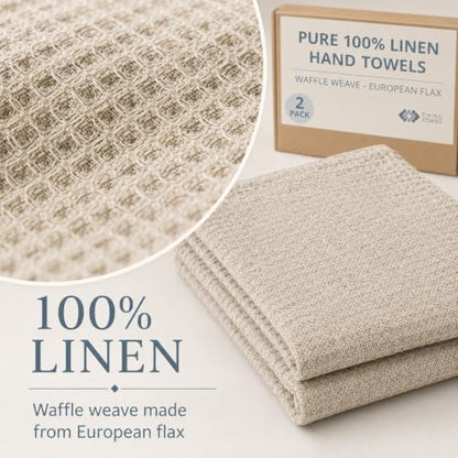 Pure 100% Linen Hand Towels - 14x28-inch Set of 2 pcs - Thin Waffle Weave - color: Natural Linen, size: Hand Towels