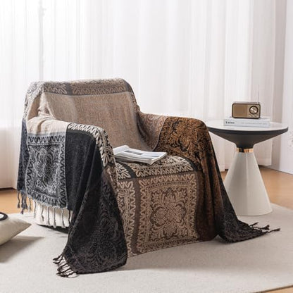 Boho Throw Blanket, Chenille Jacquard Tassels Throw Blankets for Bed Couch Soft Chair， Bohemian Fringe Tassels (Black, S:60x75) - color: Black, size: Small (60 x 75 in)