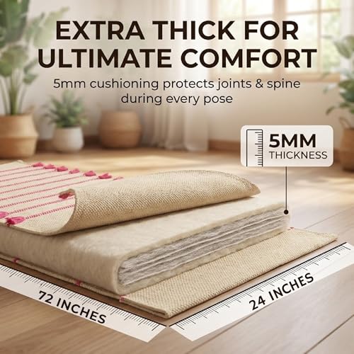 Indian Handmade100 % Organic Anti Skid Multi Colour Cotton Yoga Mat - Eco-Friendly Hand-Woven Rug - Non-Slip & Thick (24”x72”x5mm) for Hot yoga & Everyday Fitness at Home - Comfortable & Foldable Extra-Long Mat - color: Multi 14