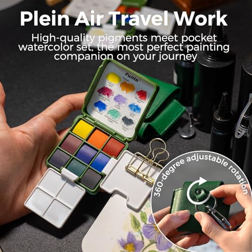 Funto Mini Watercolor Travel Set, Christmas Green Gift Travel Artist Outdoor Sketch Kits with 2 Foldable Palettes, Portable Leather Case and Metal Clip, Kit for Art Lovers - style: Utility Set