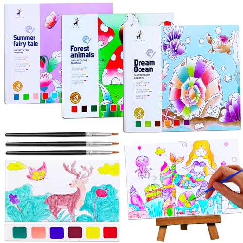 JUNQIU 3Pack Water Color Paint Sets for Kids, Paint With Water Books, Pocket Watercolor Painting Book, Arts and Crafts for Girls Gifts,Stocking Stuffers For Kids - color: 3 Themes