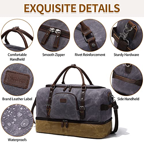 Nerlion Weekender Bag with Shoe Compartment Large Overnight Bag for Men Canvas Genuine Leather Carry on Luggage Bag Travel Duffel Bag(Gray) - color: Gray