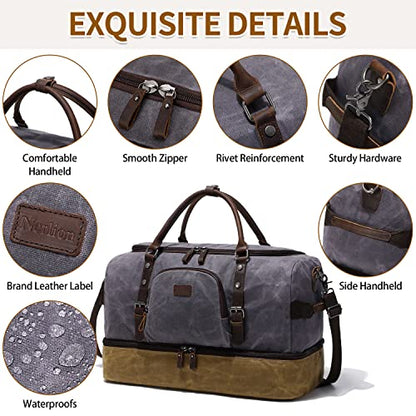 Nerlion Weekender Bag with Shoe Compartment Large Overnight Bag for Men Canvas Genuine Leather Carry on Luggage Bag Travel Duffel Bag(Gray) - color: Gray