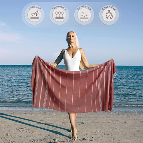 Ossano Turkish Beach Towel Striped & Soft Extra Large (39" x 71") - Quick Dry, Versatile and Functional as Yoga Mat, Gym, Outdoor and Shower Towel, Travel and Picnic Blanket - Red - color: Red