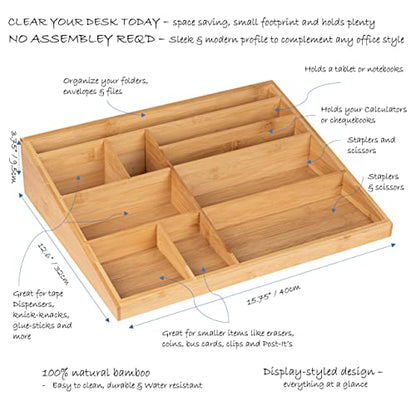 Theodore Bamboo Desk Organizer, 10 Compartment Desktop Organizer for Office Supplies, Mail, Pens and Notebooks, Wooden Countertop Organizer for Home Office Desk