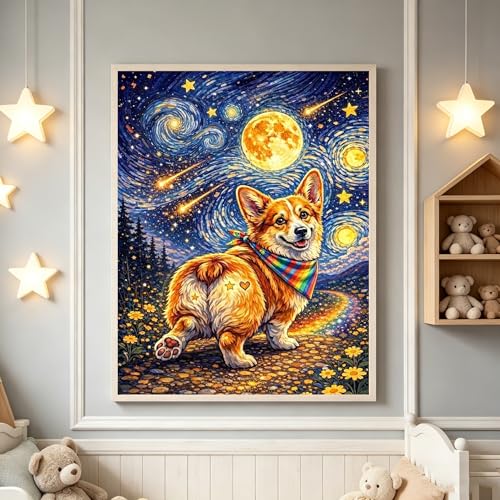 TOPCLTV Starry Sky Corgi Diamond Art Kits for Adults, Full Round Drill 5D Dog Diamond Painting Kit, DIY Paint by Diamonds Animal Gem Art for Wall Decor Relaxing Gift for Women Dog Lover 12x16 Inch - color: HS036-1