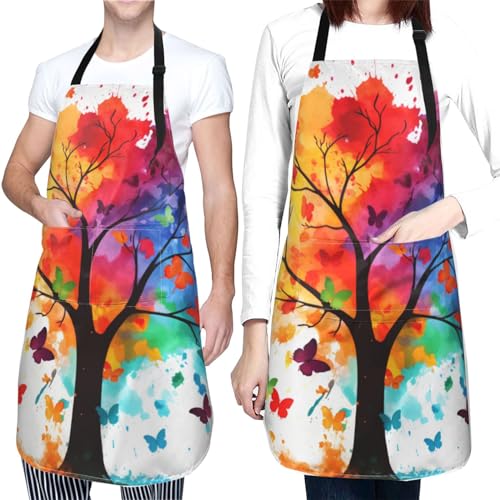 Artist Painting Apron with 2 Pockets Painters Art Aprons Gifts for Women Men - color: Colorful Tree With Butterfly