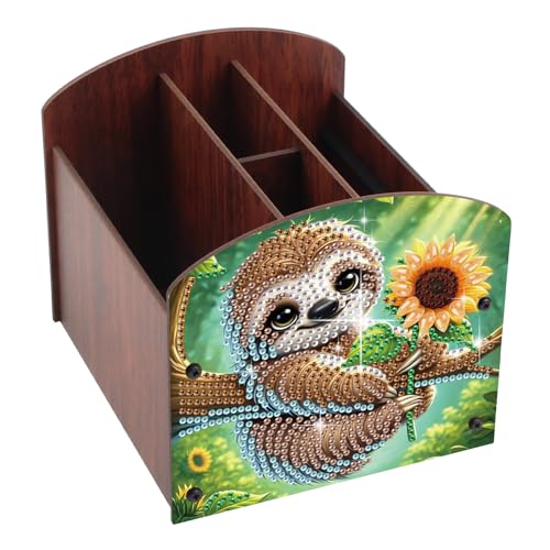 Diamond Painting Wooden Desk Organizer, Sloth with Sunflower Design DIY Diamond Art Storage Box for Tabletop Decoration, Crystal Rhinestones Art Desktop Ornament Kit for Adults - color: Sloth with Sunflower