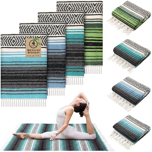 Oudain 4 Pcs Mexican Blankets Bulk Handwoven Mexican Yoga Blanket Towel Colorful Falsa Serape Woven Throw Blanket Boho Beach Blankets for Outdoor Camping Beach Picnic Travel Home (Blue Green) - color: Blue Green