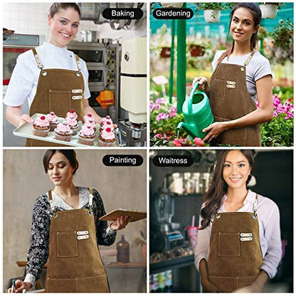 Hongsome Cotton Canvas Cross Back Apron for Art Painting Garden Chef Bartender Work,Women Men 3 Pockets Waterproof M-XXL - color: Brown