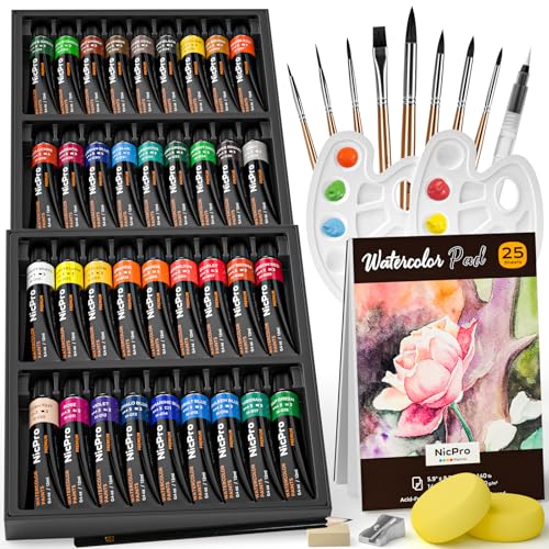 Nicpro 36 Colors Watercolor Paint Set (12ml/0.4oz Tube) for Adults, Artist | Water Color Tube Set with 25 Watercolor Paper Book, 8 Squirrel Paint Brushes, Water Brush Pen, Palette, Painting Supplies - color: 36 Colors
