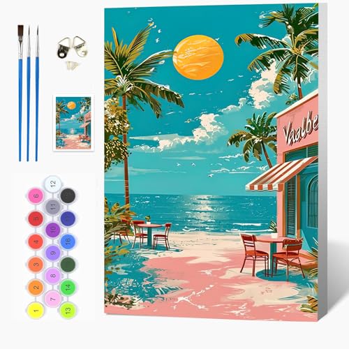 Auremi Landscape Paint by Number Kits with Framed, DIY Beach Paint by Number Canvas for Adults, Easy Acrylic in Canvas with Brushes for Decor 20x30cm