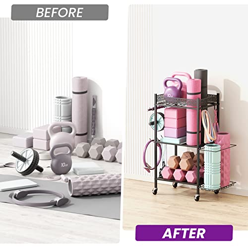 VOPEAK Home Gym Storage Rack, 3-Tier Yoga Mat Storage with Wheels & Hooks | 200 lbs steel rack with lockable casters & side hooks. 3-tier fits yoga mats & dumbbells — 10-min assembly - color: BLACK