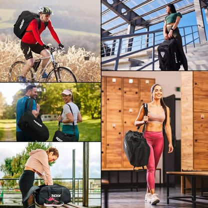 RDX 50L Gym Bag with Ventilated Shoes Compartment, All In One Backpack Duffle Holdall, Fitness Sports MMA Boxing Yoga Swim Gear Sportswear Bag, Weekend Overnight Travel Hiking Rucksack for Men Women - color: Black