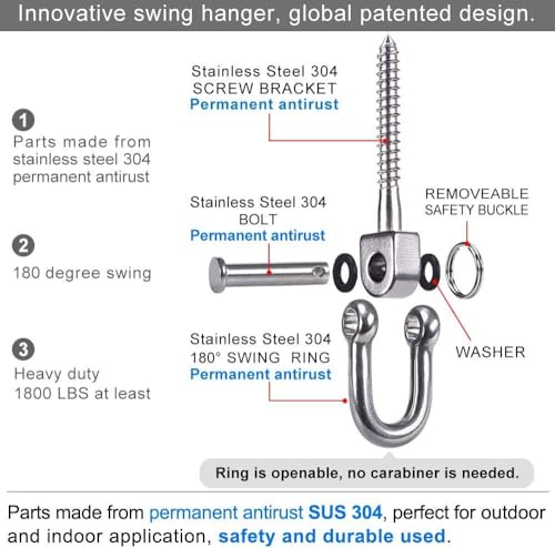 SELEWARE 4 Pack Swing Hangers Swing Set Hooks Stainless Steel Hammock Hooks - color: Stainless 4 Pack Swing Hooks