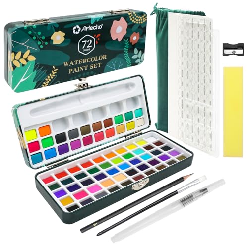 Artecho Watercolor Paint Set, 72 Colors with Metallics, Travel Case | 50 Classic, 18 Metallic & 4 Fluorescent Colors; Watercolor Paper and Brushes Included - style: 72Colors