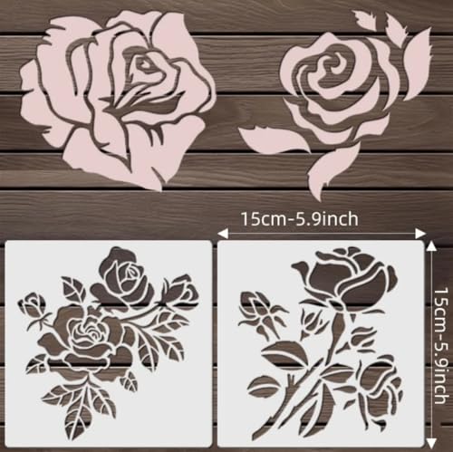Rose Flower Stencil Set,5.9x5.9 Inch Reusable Flower Stencils Painting Crafts Templates for DIY Art Scrapbook Drawing Stencil for Painting on Wood, Wall, Furniture(4PCS)