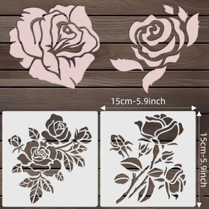 Rose Flower Stencil Set,5.9x5.9 Inch Reusable Flower Stencils Painting Crafts Templates for DIY Art Scrapbook Drawing Stencil for Painting on Wood, Wall, Furniture(4PCS)