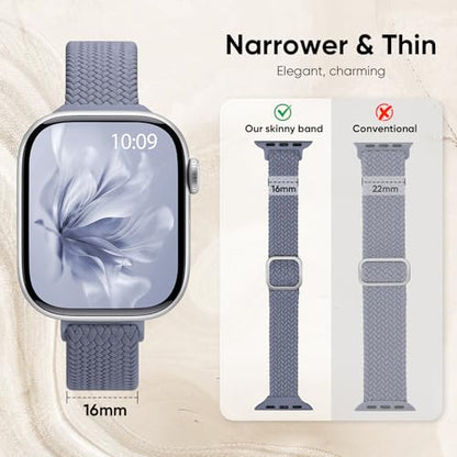 Slim Braided Stretchy Band Compatible with Apple Watch Bands Women | 40mm 41mm 42mm 38mm 44mm 45mm 46mm 49mm Thin Elastic Nylon Solo Loop Strap ,Wristband for iWatch Series 11 10 9 8 7 6 5 4 SE - color: BlueGrey, size: 44/45/46/49mm