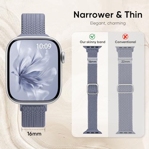 Slim Braided Stretchy Band Compatible with Apple Watch Bands Women | 40mm 41mm 42mm 38mm 44mm 45mm 46mm 49mm Thin Elastic Nylon Solo Loop Strap ,Wristband for iWatch Series 11 10 9 8 7 6 5 4 SE - color: BlueGrey, size: 44/45/46/49mm
