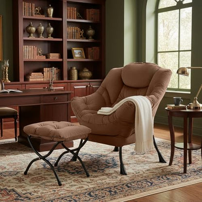 Tiita Lazy Chair with Ottoman, Comfy Reading Accent Chair, Brown | Foldable Footrest, Padded Seat and Backrest, Side Pocket for Lounging in Living Rooms, Bedrooms, Dorms and Small Spaces - color: Peach Skin Brown