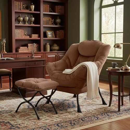 Tiita Lazy Chair with Ottoman, Comfy Reading Accent Chair, Brown - color: Peach Skin Brown