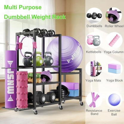 6-Tier Multi-Functional Home Gym Storage Rack with Wheels and Hooks, Adjustable Weight Rack for Dumbbells Kettlebells Yoga Mat and Balls, Space Saving Workout Equipment Storage Organizer