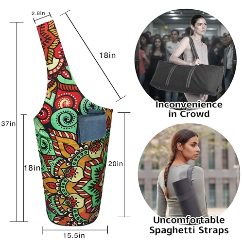 Yoga Mat Bag Carrier for Women with Side Large Pocket Durable Linen Workout Gym Travel Storage Pilates Mats - color: Ethnic Mandala